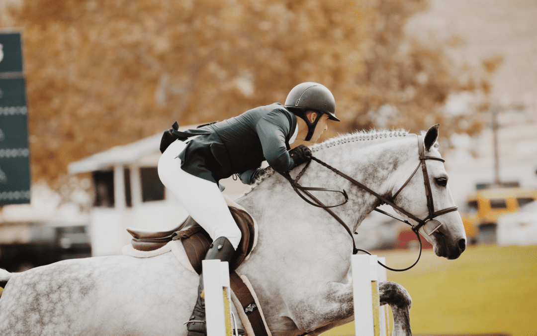 Woman riding white horse in the fall